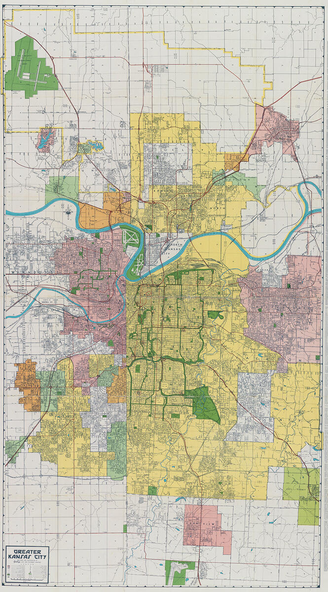 1961 map of the Greater Kansas City area showing the city's expansion outward from the Missouri and Kansas rivers.