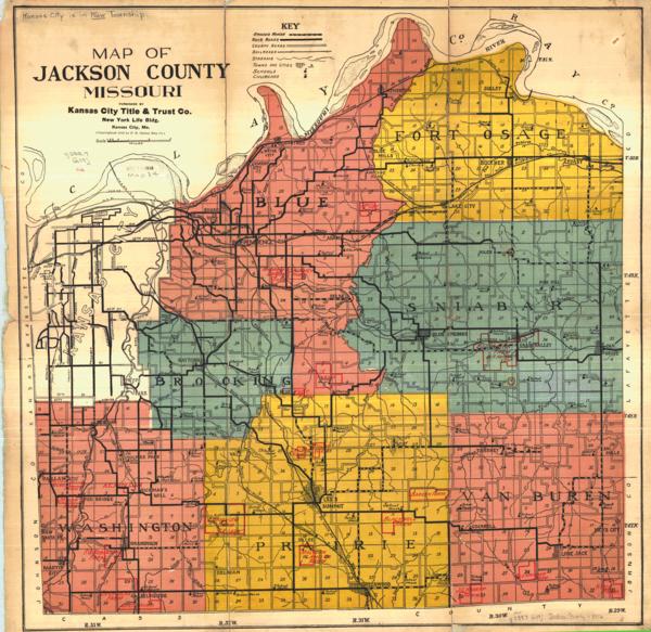 1916 map of Jackson County, Missouri, depicting township lines.