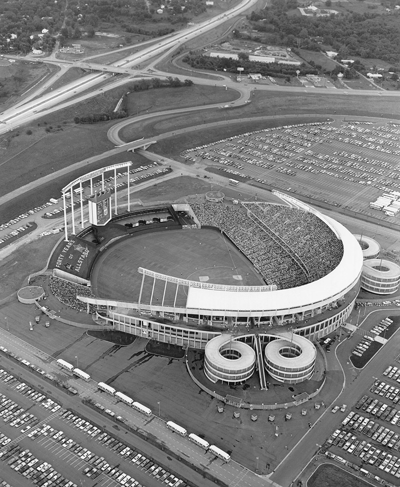 Aerial view of Royals Stadium during All-Star game, 1973