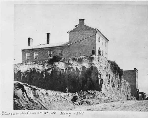 Early view showing Delaware and 3rd Streets with a house perched on top.