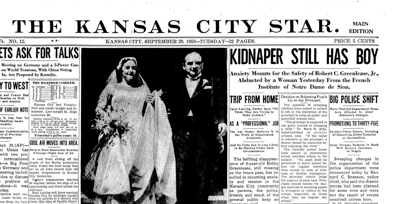 Kansas City Star Headline the day after the Greenlease kidnapping