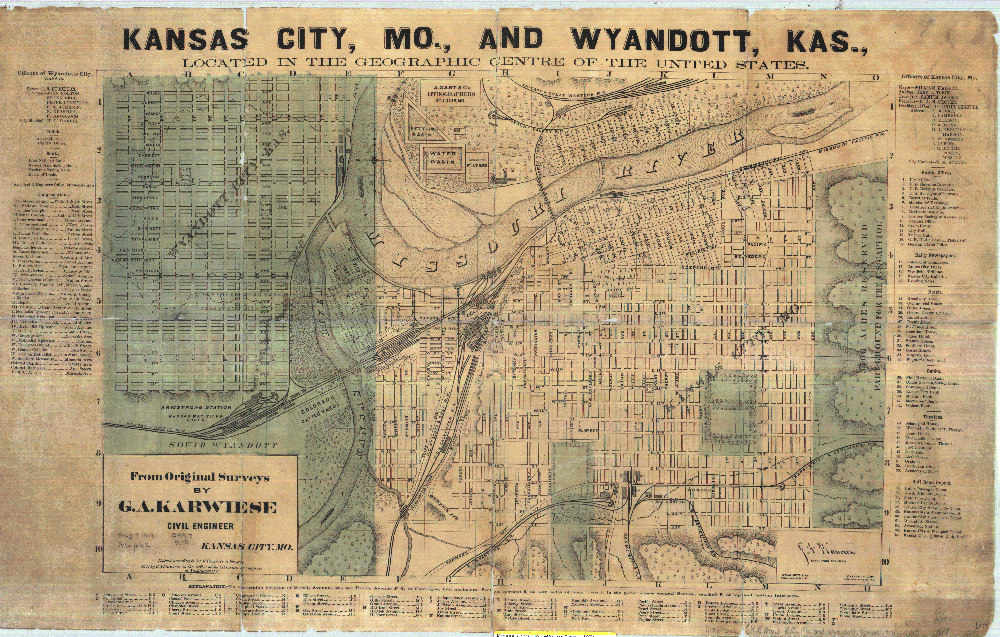 1871 Map of Kansas City, Missouri, and Wyandott City, Kansas