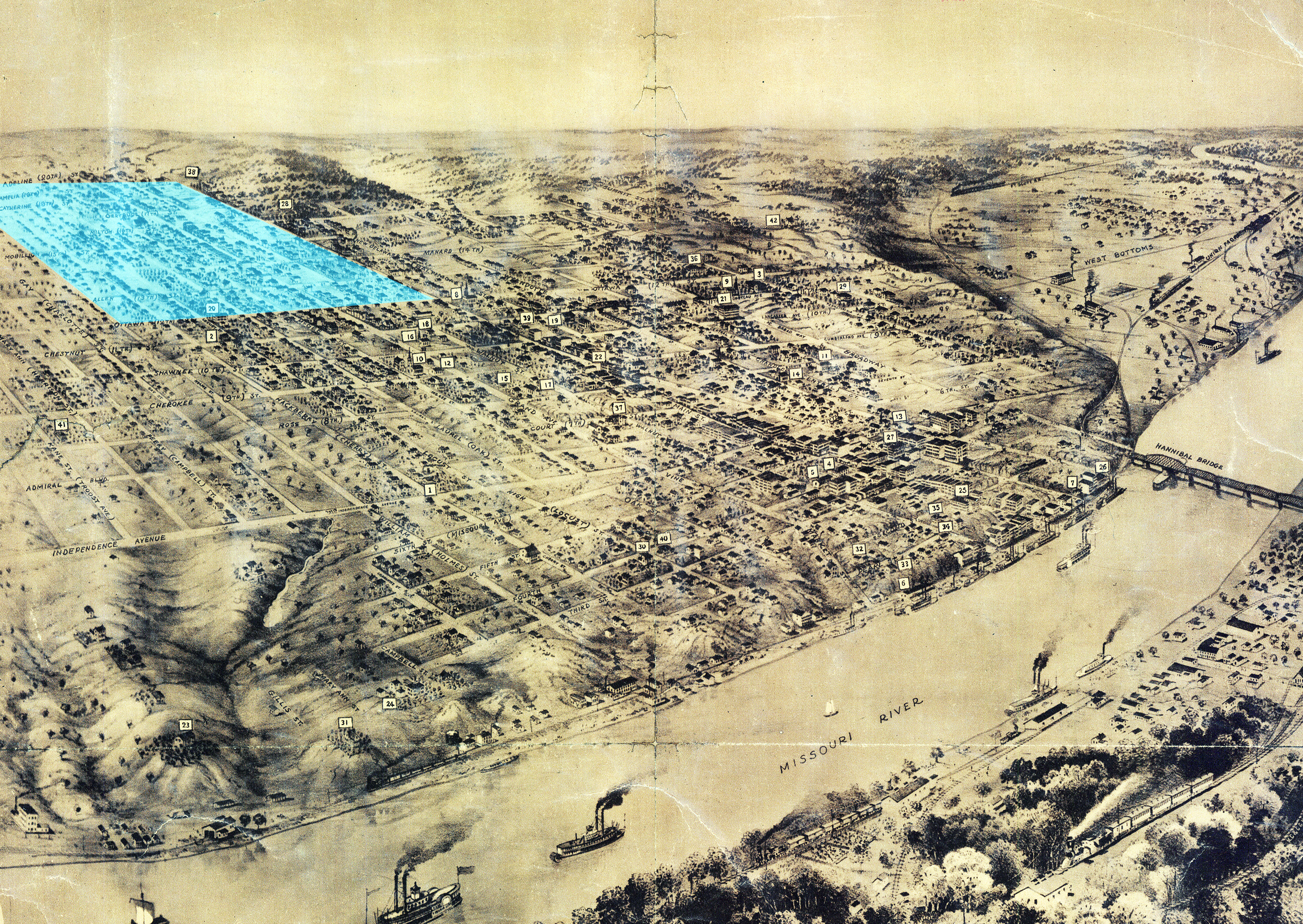 An 1869 bird’s eye view of the city showing the location of McGee’s Addition stretching from 12th Street south to 20th Street (highlighted in blue).