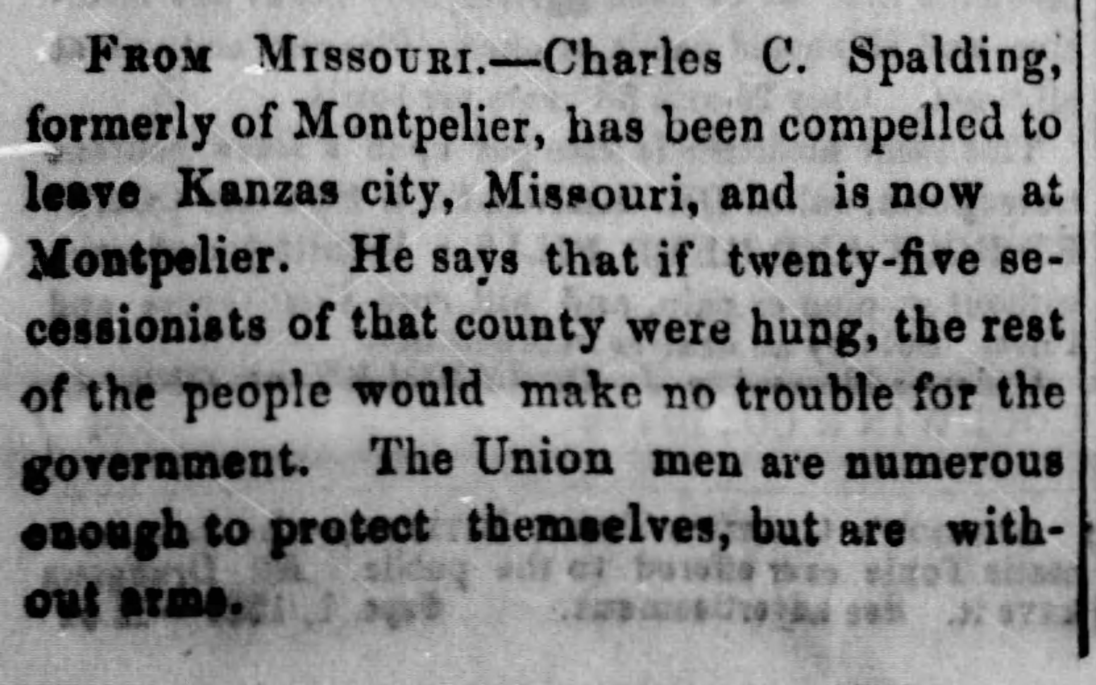 A newspaper announcement that Spalding had arrived back in Vermont. THE DAILY JOURNAL.