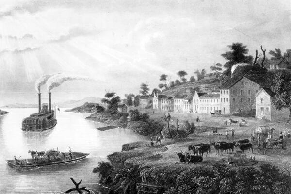 1850s drawing of Westport Landing on the south bank of the Missouri River.