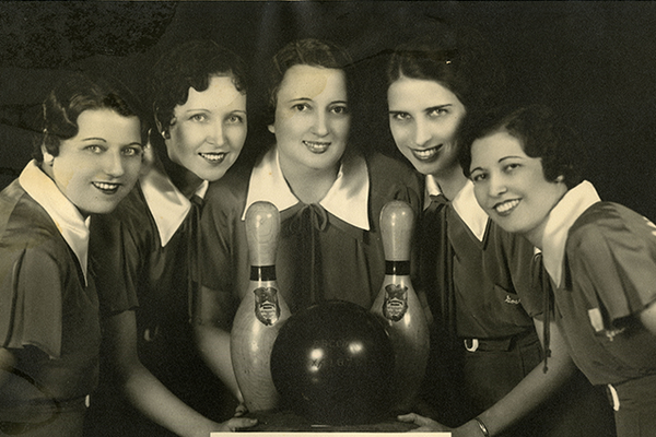 Group portrait of a women's bowling team