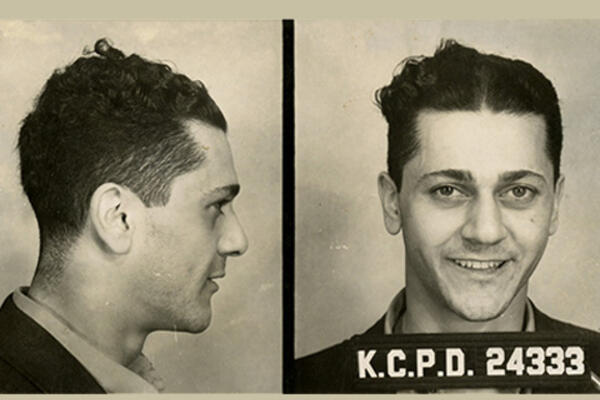 Two mug shot photos of a dark haired man