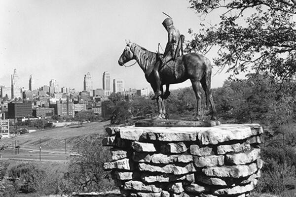 Statue of a Native American person on horseback