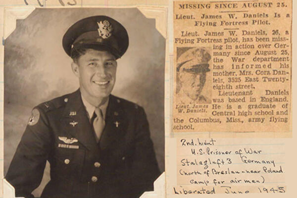 Photo and newspaper clipping of a man in military attire