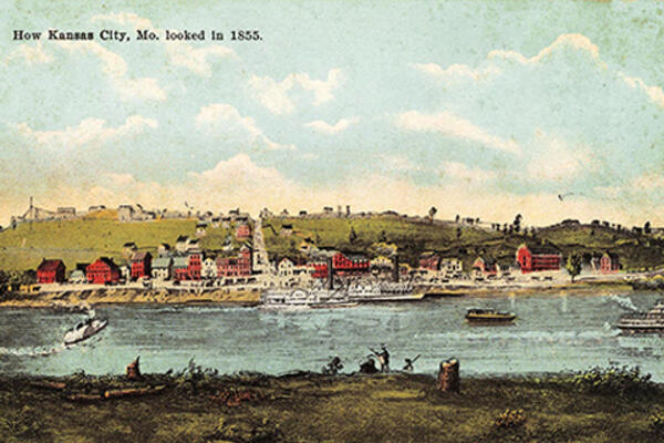 Color postcard of buildings along a river