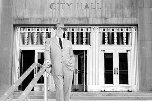 City Manager L.P. Cookingham on the steps of City Hall.