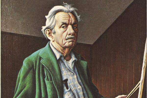 Postcard of self-portrait of Thomas Hart Benton, painted by the artist in 1970