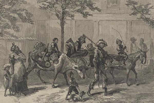 "Negro Exodusters en route to Kansas, fleeing from the yellow fever, " Photomural from engraving. Harpers Weekly, 1870. Historic American Building Survey Field Records, HABS FN-6, #KS -49-11 Prints and Photographs Division (106)