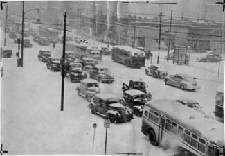 Cars stuck in a snowstorm