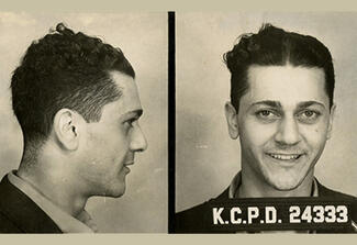 Two mug shot photos of a dark haired man