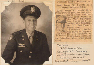 Photo and newspaper clipping of a man in military attire